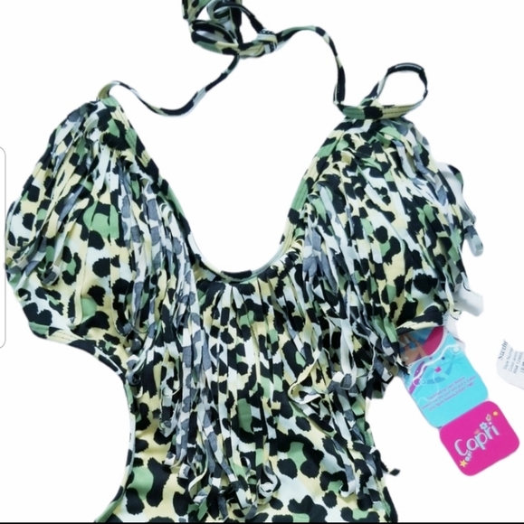 NWT Capri Swimwear Animal Print Fringe Cut Out Open Back One Piece Swims… - Picture 3 of 12